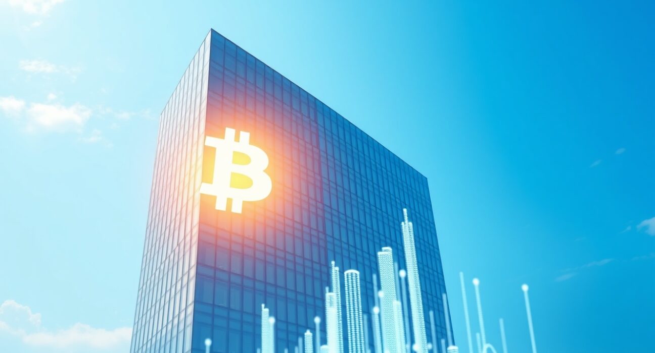 MicroStrategy corporate building with Bitcoin symbol representing its growing Bitcoin holdings, potentially surpassing Satoshi Nakamoto.