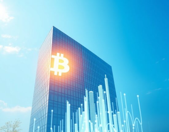 MicroStrategy corporate building with Bitcoin symbol representing its growing Bitcoin holdings, potentially surpassing Satoshi Nakamoto.