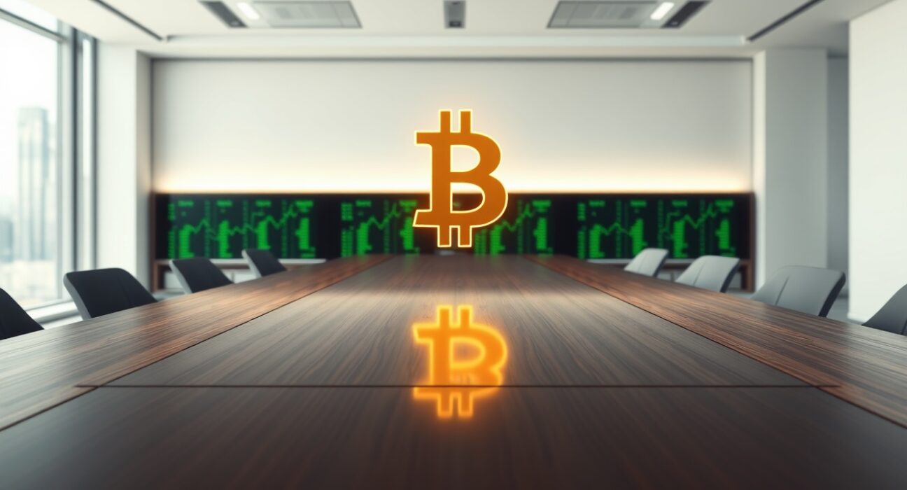 MicroStrategy's corporate Bitcoin investment strategy visualized as a Bitcoin symbol in a boardroom.