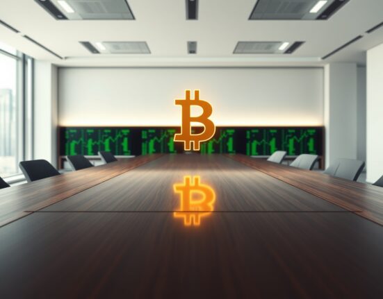 MicroStrategy's corporate Bitcoin investment strategy visualized as a Bitcoin symbol in a boardroom.