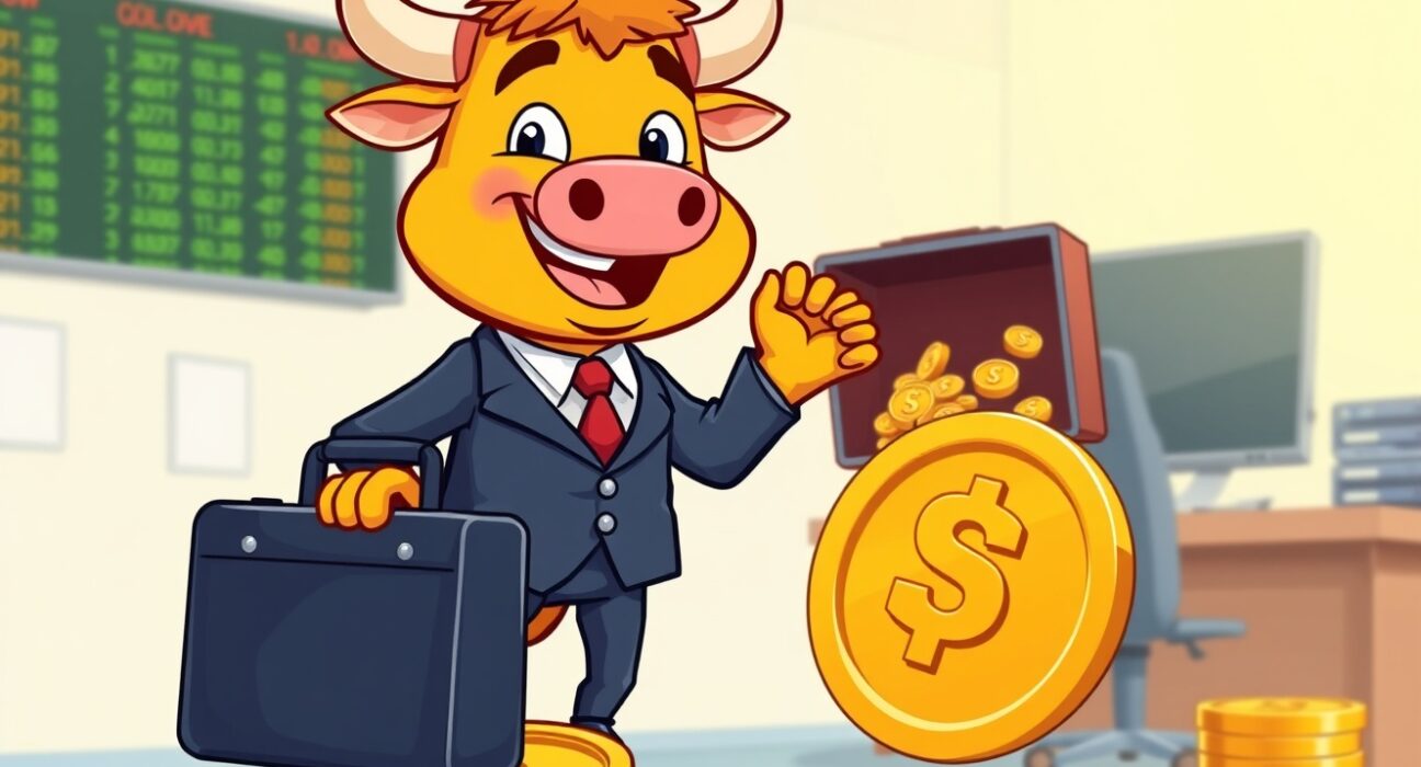 A confident cartoon bull symbolizing MicroStrategy's monumental Bitcoin purchase and bullish market strategy.