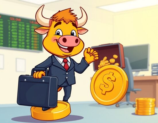 A confident cartoon bull symbolizing MicroStrategy's monumental Bitcoin purchase and bullish market strategy.