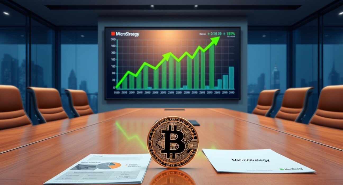 MicroStrategy Bitcoin purchase strategy visualized in a modern corporate boardroom with live price chart