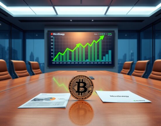 MicroStrategy Bitcoin purchase strategy visualized in a modern corporate boardroom with live price chart