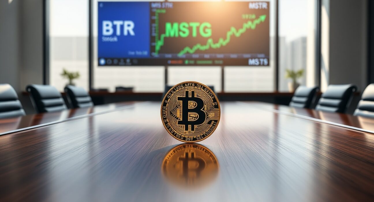 MicroStrategy's billion-dollar Bitcoin investment symbolized by a gold coin in a corporate boardroom.