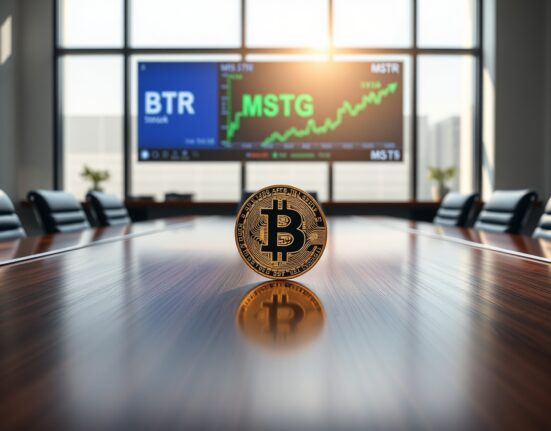 MicroStrategy's billion-dollar Bitcoin investment symbolized by a gold coin in a corporate boardroom.