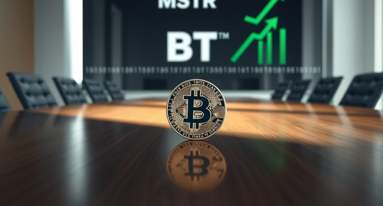 MicroStrategy's corporate Bitcoin investment strategy symbolized by a Bitcoin coin in a boardroom.