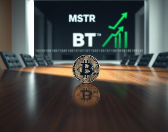 MicroStrategy's corporate Bitcoin investment strategy symbolized by a Bitcoin coin in a boardroom.