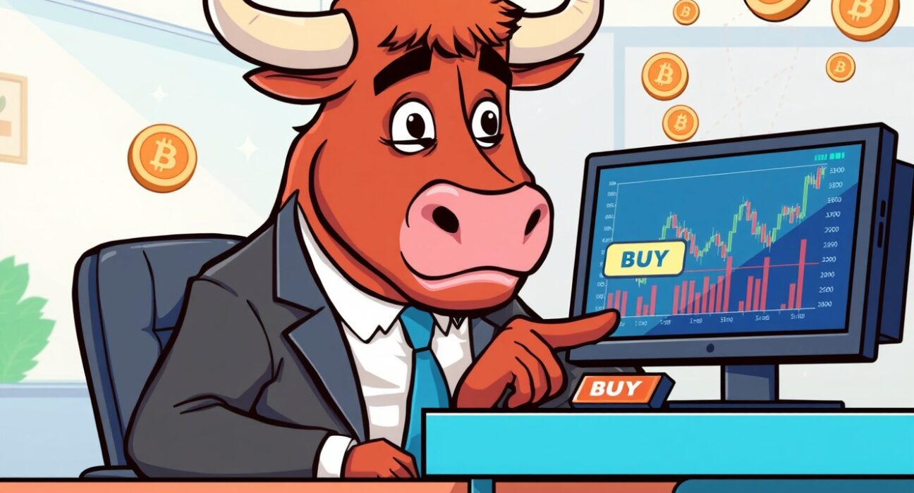 Strategic cartoon bull pausing its MicroStrategy Bitcoin purchase decision at a modern office desk.