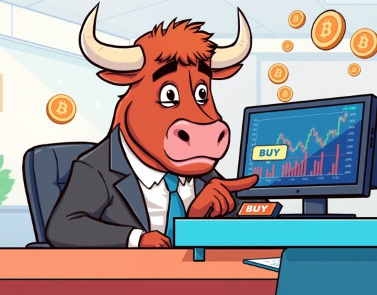 Strategic cartoon bull pausing its MicroStrategy Bitcoin purchase decision at a modern office desk.