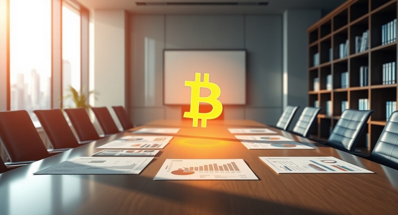 MicroStrategy's corporate Bitcoin investment strategy visualized in boardroom setting
