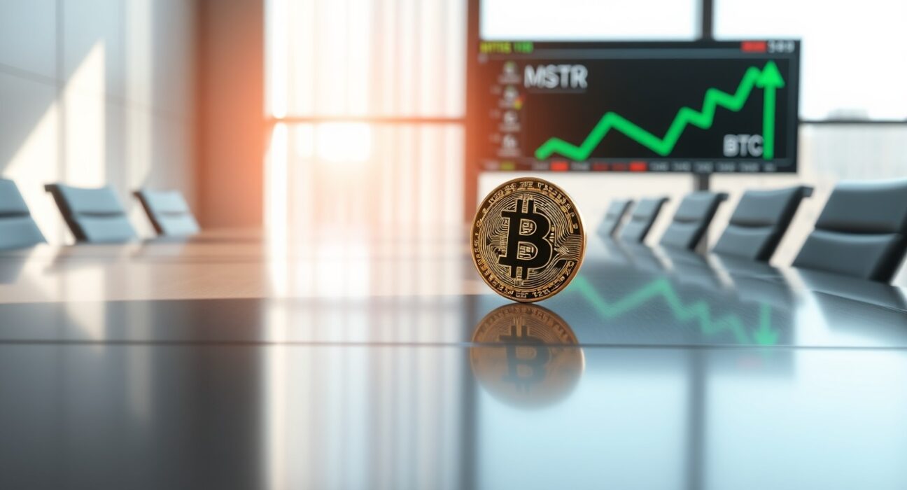 MicroStrategy's strategic Bitcoin acquisition represented by a physical coin in a corporate setting.