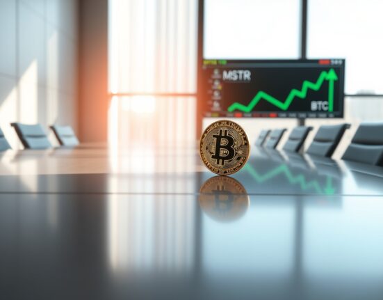 MicroStrategy's strategic Bitcoin acquisition represented by a physical coin in a corporate setting.