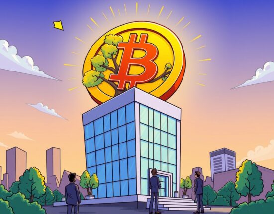 MicroStrategy Bitcoin purchase depicted as a corporate building nurturing a giant digital coin tree.