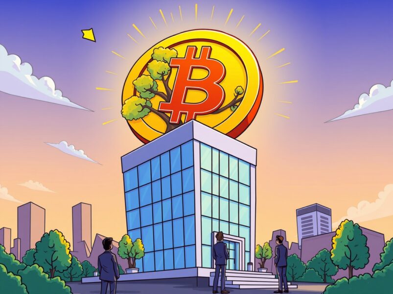 MicroStrategy Bitcoin purchase depicted as a corporate building nurturing a giant digital coin tree.