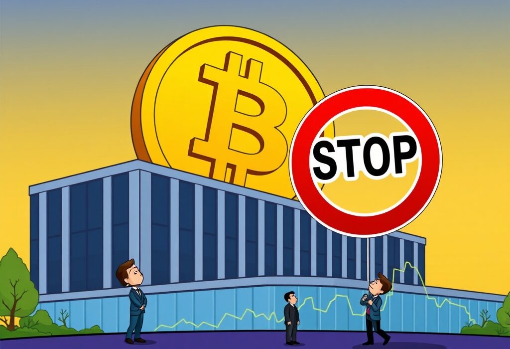 A cartoon illustration showing a corporate building with a paused Bitcoin symbol, representing MicroStrategy's pause in Bitcoin purchases.