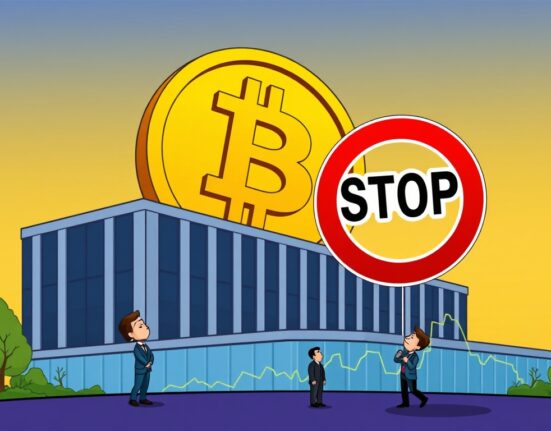 A cartoon illustration showing a corporate building with a paused Bitcoin symbol, representing MicroStrategy's pause in Bitcoin purchases.
