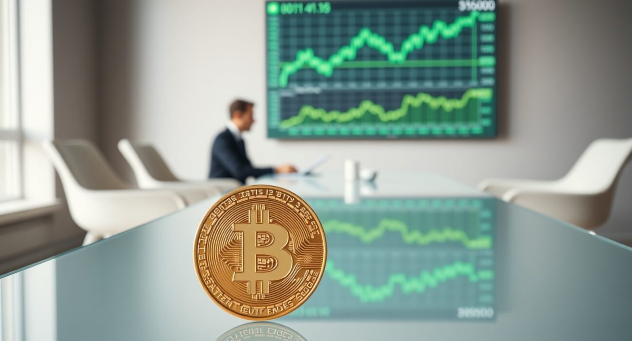 Bitcoin coin on a glass table in a modern corporate boardroom with executives reviewing charts in background