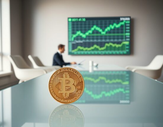 Bitcoin coin on a glass table in a modern corporate boardroom with executives reviewing charts in background