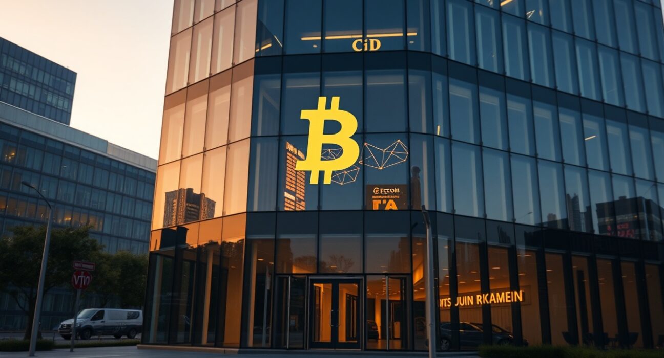 Modern corporate office building with a subtle Bitcoin reflection in the glass facade.