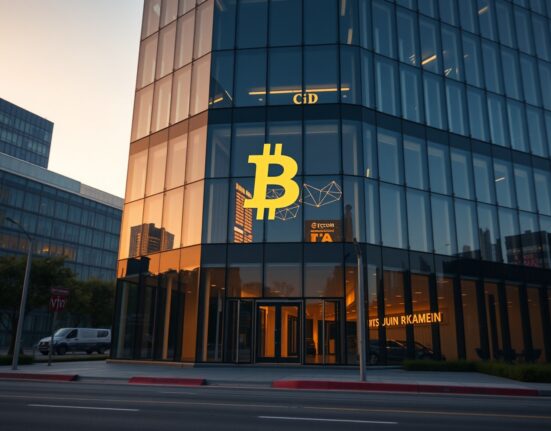 Modern corporate office building with a subtle Bitcoin reflection in the glass facade.