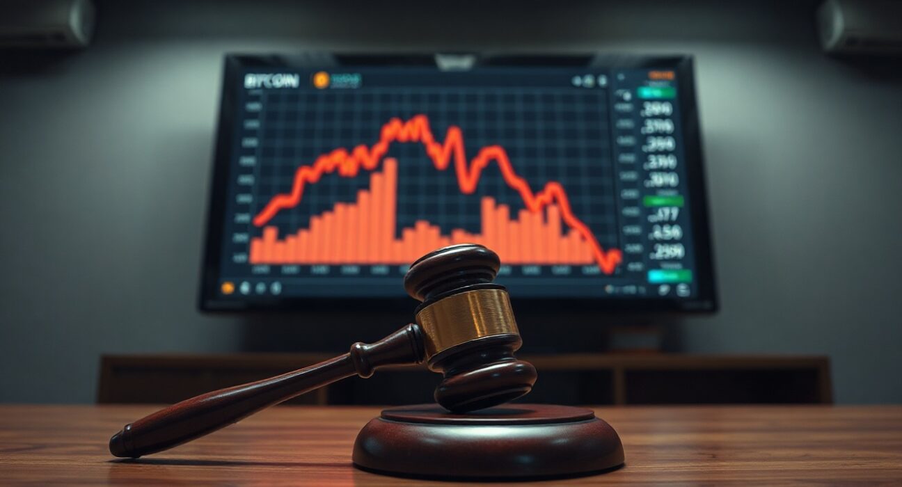 Gavel and Bitcoin price chart on digital screen in a newsroom setting