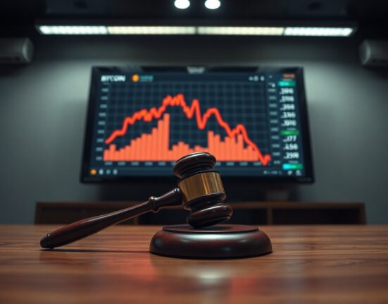 Gavel and Bitcoin price chart on digital screen in a newsroom setting