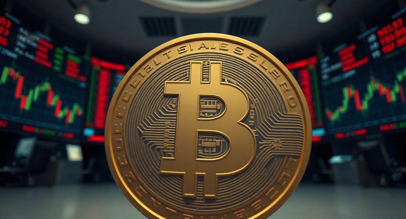 Bitcoin coin icon in foreground with blurred stock exchange screens showing downward charts.