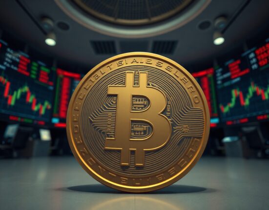 Bitcoin coin icon in foreground with blurred stock exchange screens showing downward charts.