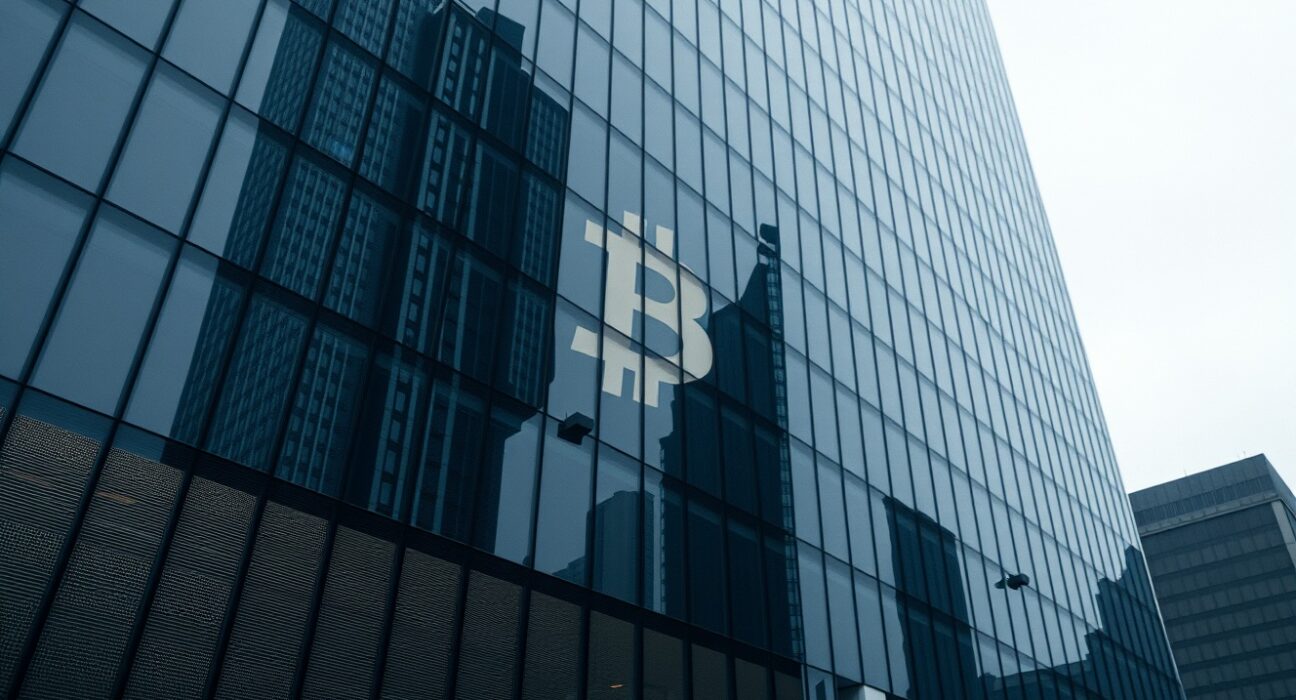 Modern corporate office building with subtle Bitcoin reflection, representing MicroStrategy's Bitcoin holdings
