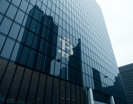 Modern corporate office building with subtle Bitcoin reflection, representing MicroStrategy's Bitcoin holdings