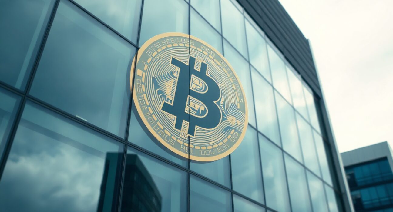 MicroStrategy corporate headquarters with Bitcoin symbol reflection under overcast sky