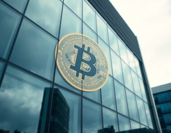 MicroStrategy corporate headquarters with Bitcoin symbol reflection under overcast sky