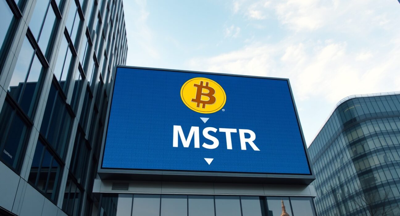 MicroStrategy office building with Bitcoin logo and MSTR ticker on digital screen