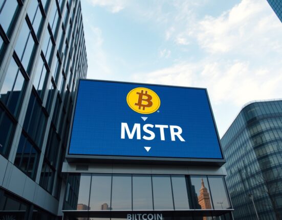 MicroStrategy office building with Bitcoin logo and MSTR ticker on digital screen