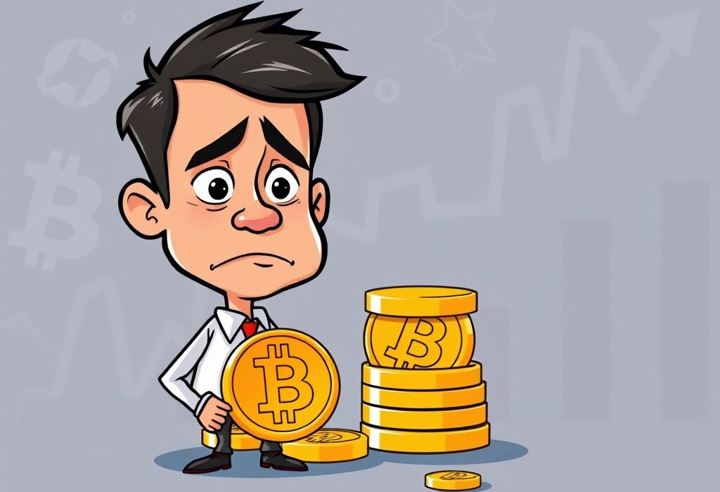 A cartoon illustration depicting MicroStrategy's impressive Bitcoin investment strategy, showing massive BTC holdings and new capital raises.