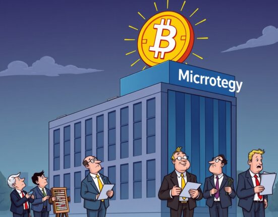 A cartoon showing MicroStrategy's building with a Bitcoin symbol, illustrating how its MicroStrategy Bitcoin strategy could make it a safe company.