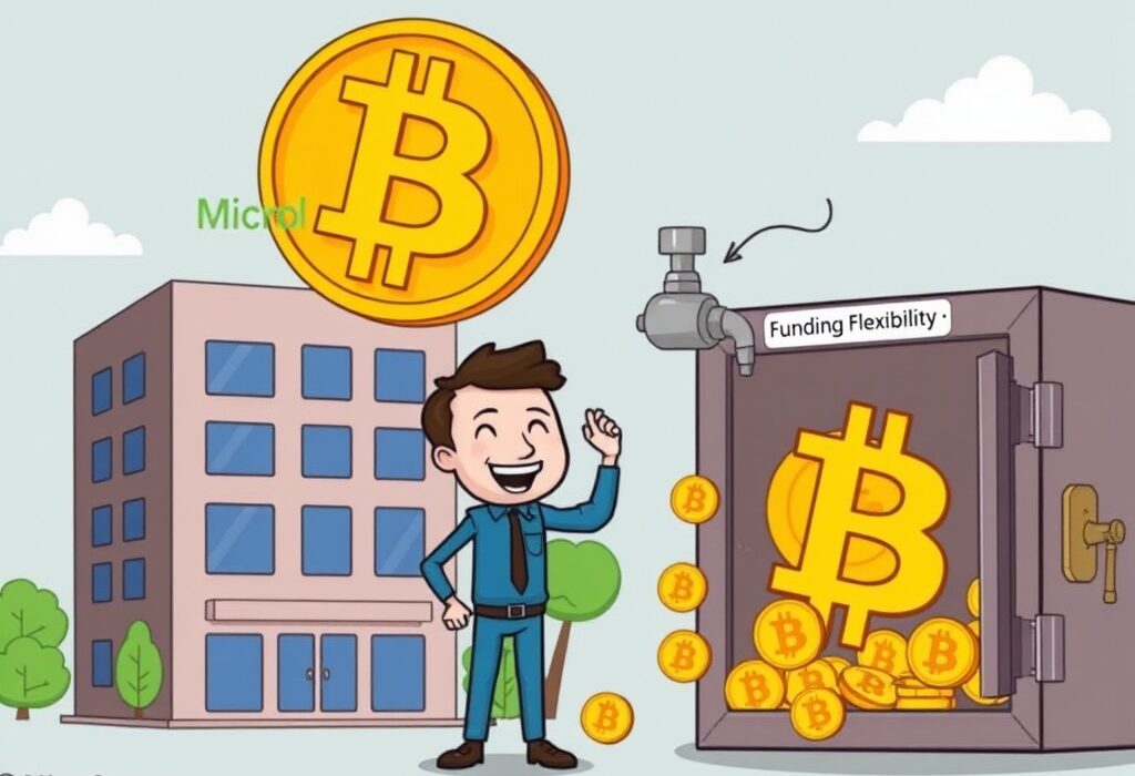Cartoon showing MicroStrategy gaining funding flexibility to expand its MicroStrategy Bitcoin strategy, symbolizing strategic asset acquisition.