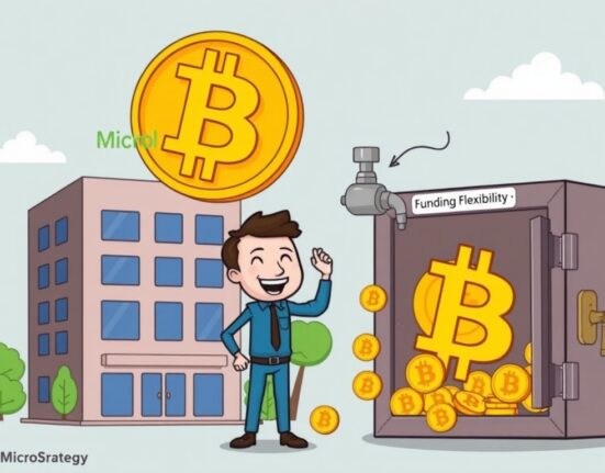 Cartoon showing MicroStrategy gaining funding flexibility to expand its MicroStrategy Bitcoin strategy, symbolizing strategic asset acquisition.