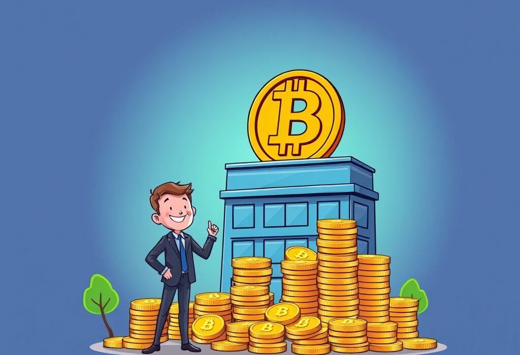 A cartoon illustration showing MicroStrategy's impressive Bitcoin treasury strategy, symbolizing massive unrealized Bitcoin profits and corporate growth.