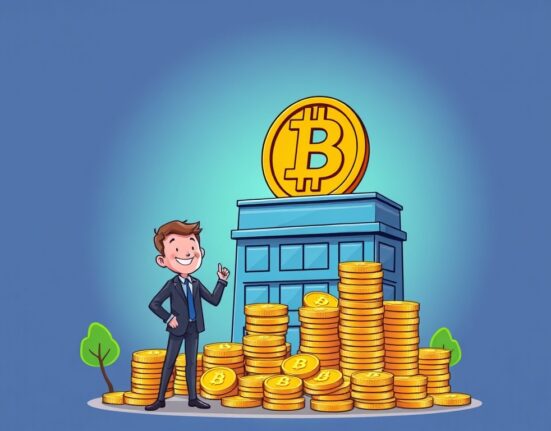 A cartoon illustration showing MicroStrategy's impressive Bitcoin treasury strategy, symbolizing massive unrealized Bitcoin profits and corporate growth.