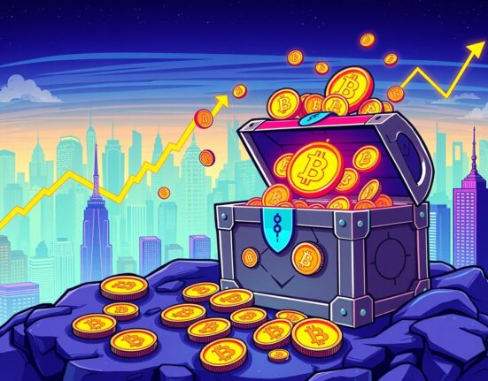 Growing Bitcoin strategy showing digital treasure accumulation with upward market momentum
