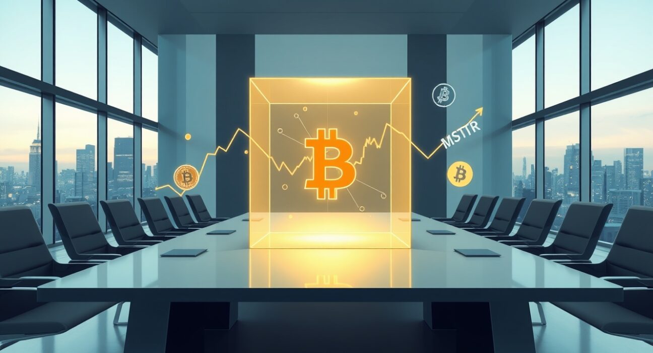 Analytical visualization of MicroStrategy's Bitcoin investment strategy and associated financial risks in corporate setting.