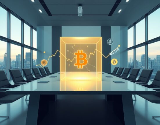 Analytical visualization of MicroStrategy's Bitcoin investment strategy and associated financial risks in corporate setting.