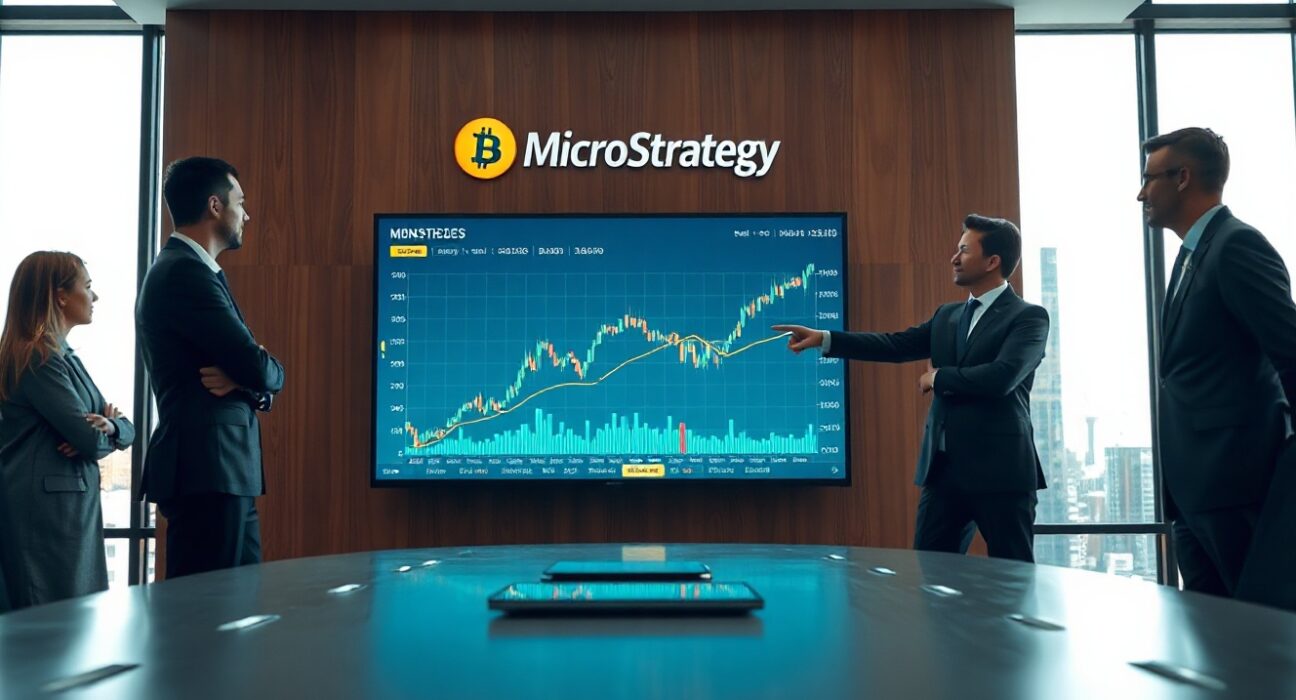 Business professionals discussing Bitcoin strategy in a modern office with a digital screen showing charts