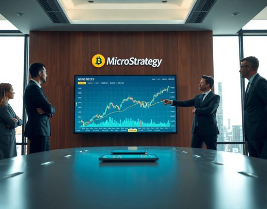 Business professionals discussing Bitcoin strategy in a modern office with a digital screen showing charts