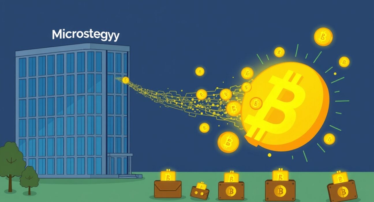 Cartoon showing a massive MicroStrategy Bitcoin transfer from a corporate building into multiple secure digital wallets, highlighting institutional activity.
