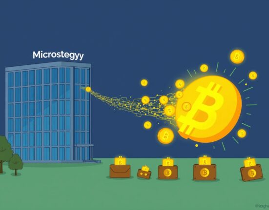 Cartoon showing a massive MicroStrategy Bitcoin transfer from a corporate building into multiple secure digital wallets, highlighting institutional activity.