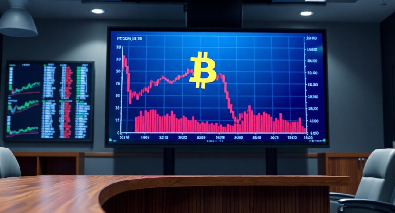 Digital display showing Bitcoin price chart with downward trend in a corporate boardroom setting