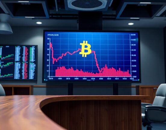 Digital display showing Bitcoin price chart with downward trend in a corporate boardroom setting